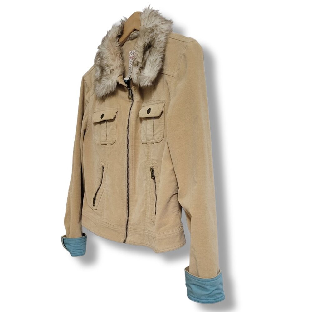 🌿 Aeropostale Women's Large Faux Fur Tan Corduroy Fall Jacket - Picture 4 of 11